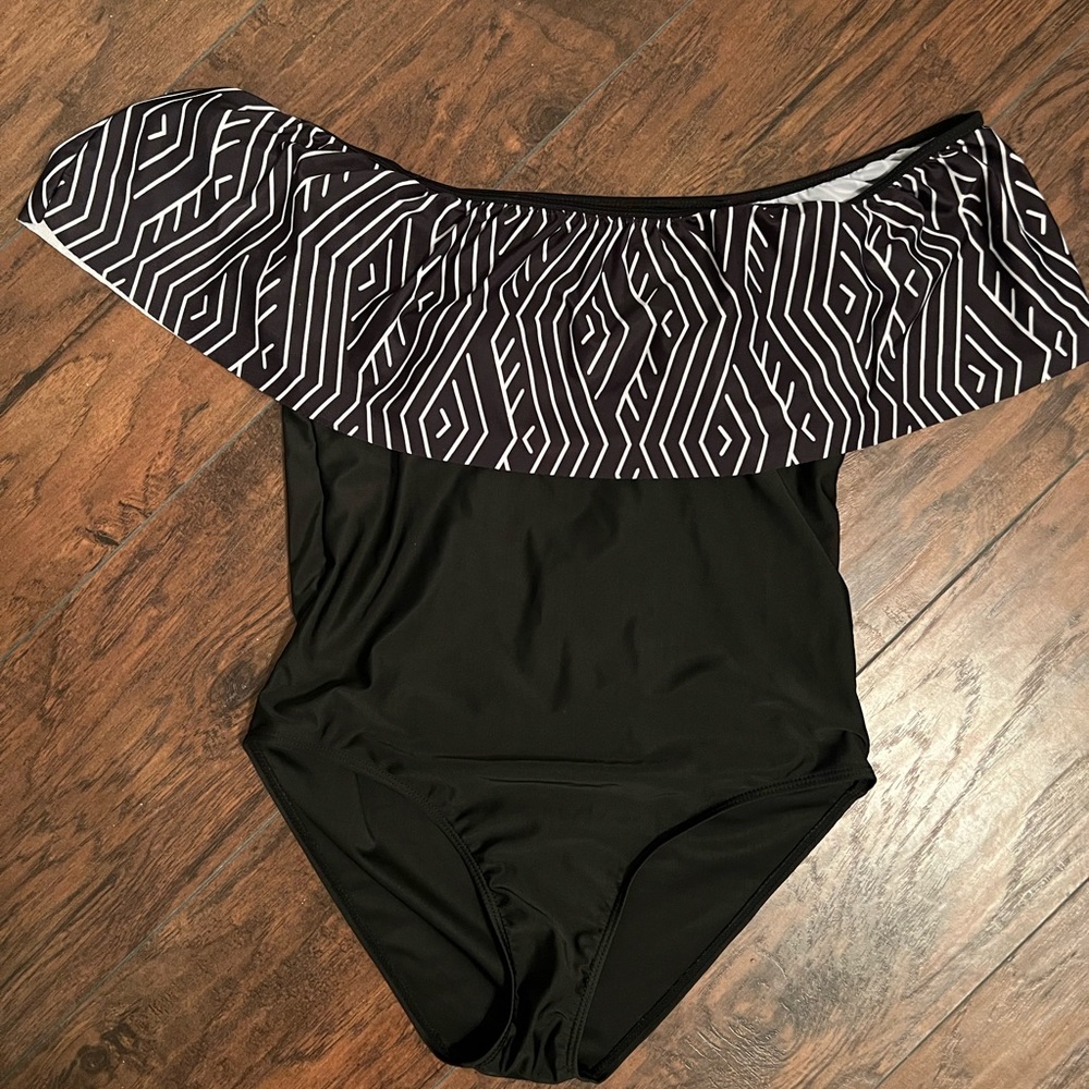 Solid Black Off Shoulder One Piece Bathing Suit with Black and White Ruffle